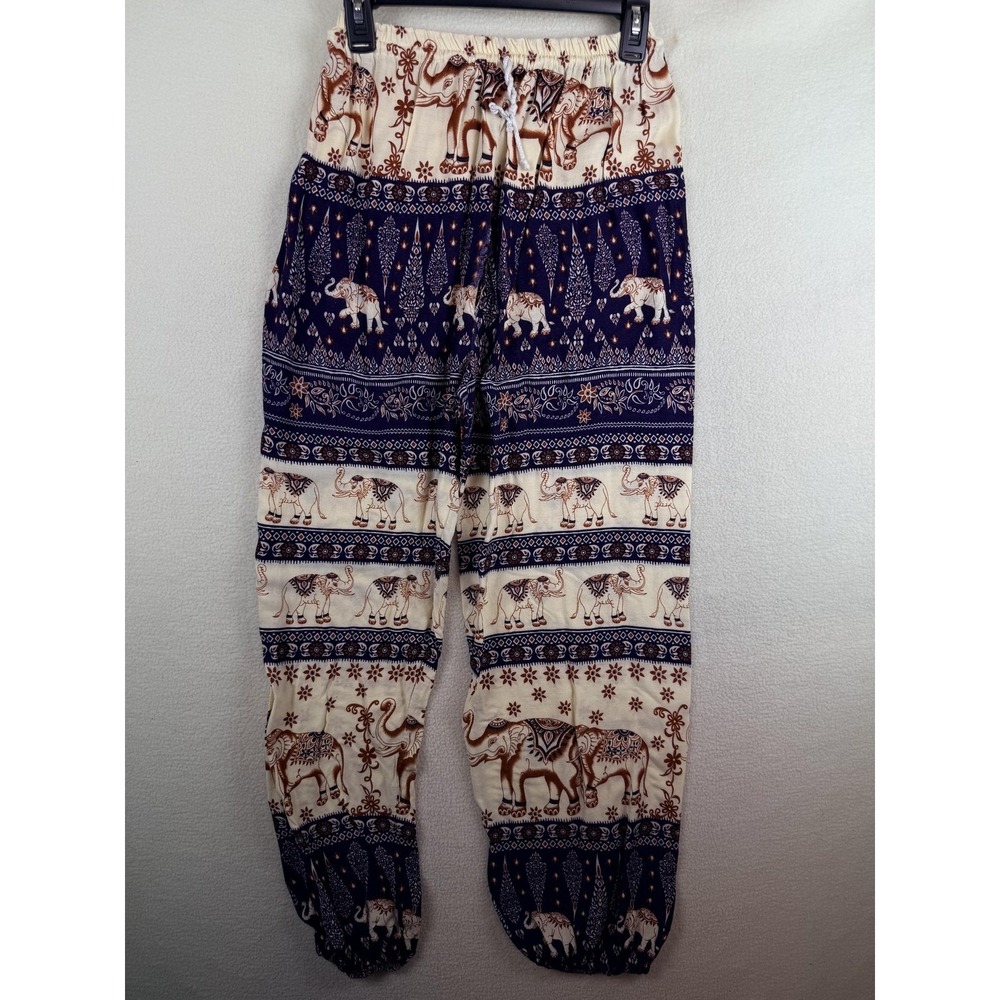 Harem Pants Womens One Size Multicolor Elephant Print Boho Cuffed Tie Waist